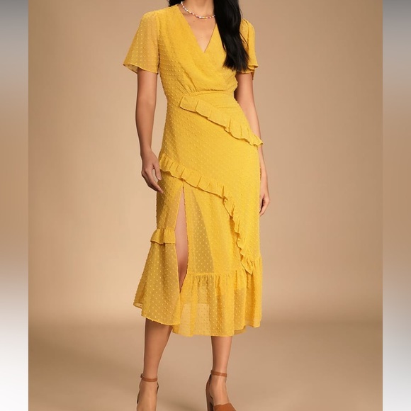 Lulus Mustard Yellow Swiss Dot Ruffled Midi Dress - new with tags - Picture 1 of 7
